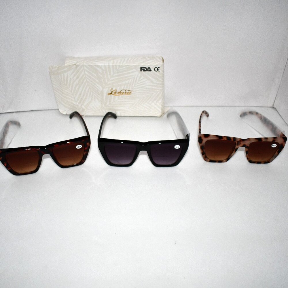 LADEESSE 3 Pack Bifocal Reader Sunglasses, Oversized Cat Eye, UV400 3.0x, NWT